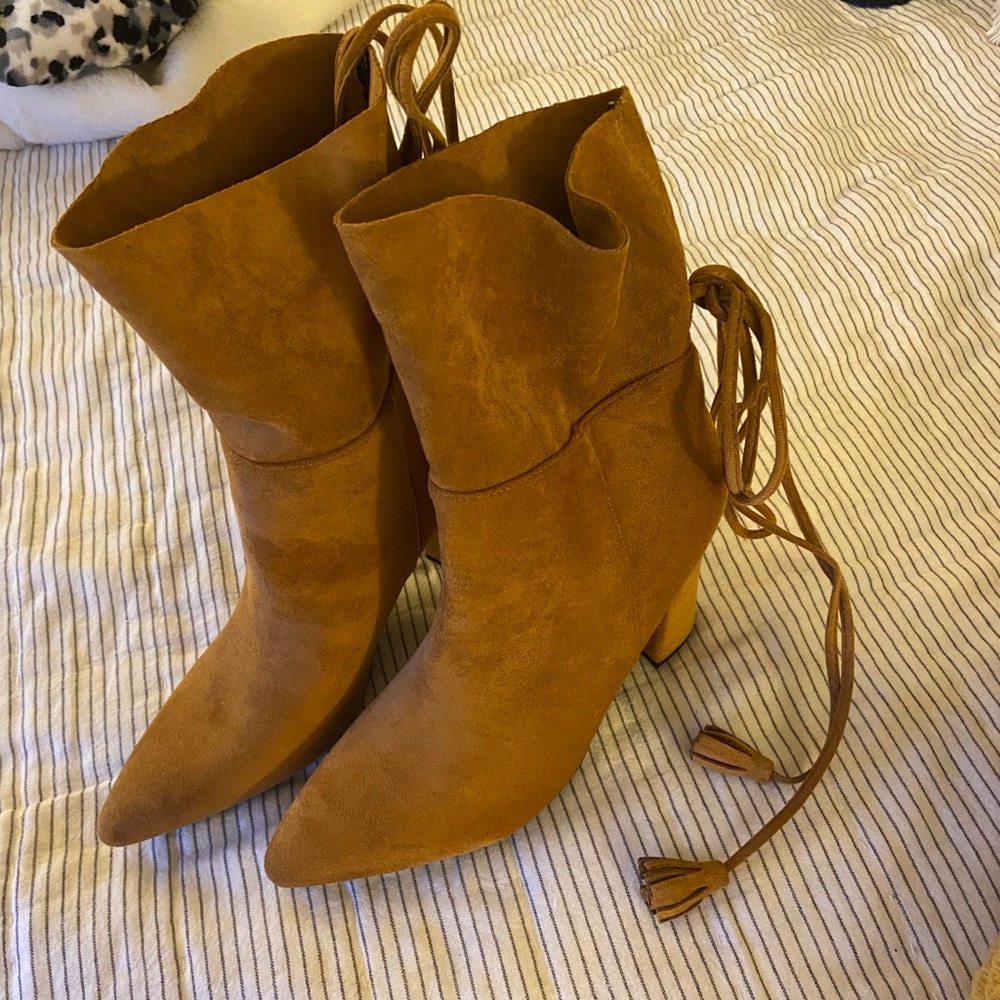 Tan suede tie booties